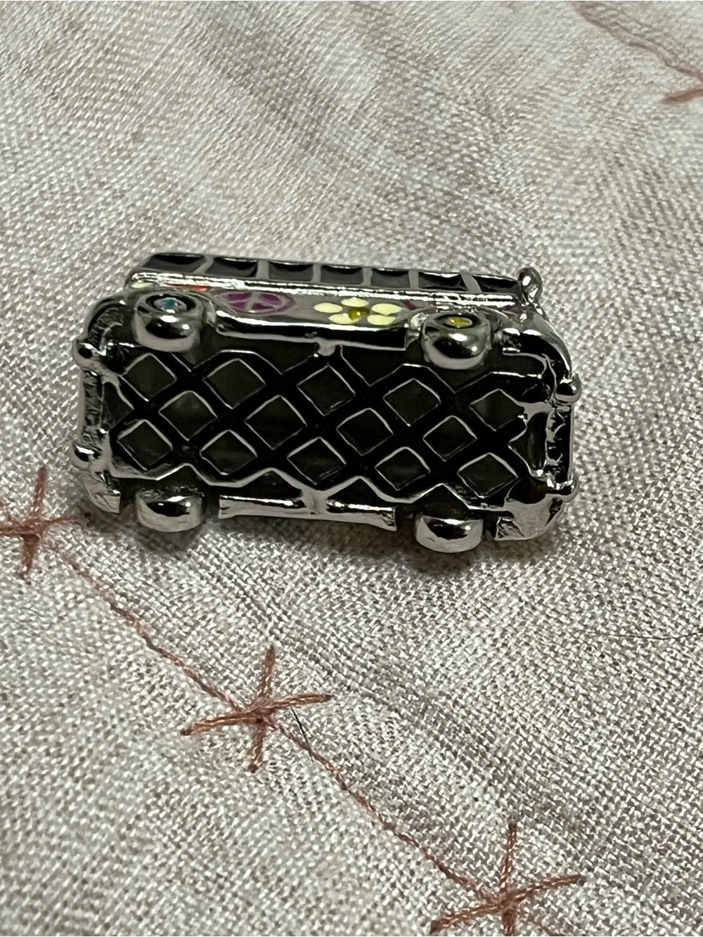 Decorative Silver Tone Van Charm with Multicolor Floral Accents 925